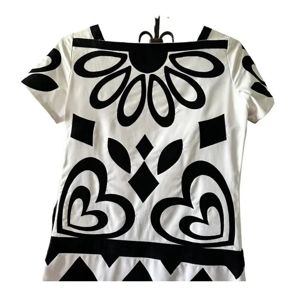 1.3K MOSCHINO Geometric Appliqués Cotton Blend Black White Mini Dress Size 10 - Picture 5 of 10